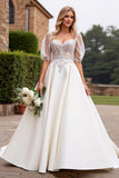 Ivory Satin A Line Long Sweetheart Wedding Dress with Puff Sleeves