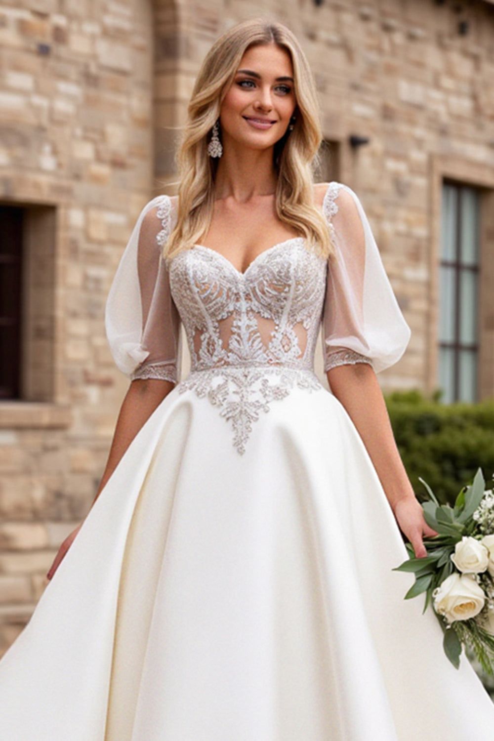 Ivory Satin A Line Long Sweetheart Wedding Dress with Puff Sleeves