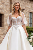 Ivory Satin A Line Long Sweetheart Wedding Dress with Puff Sleeves