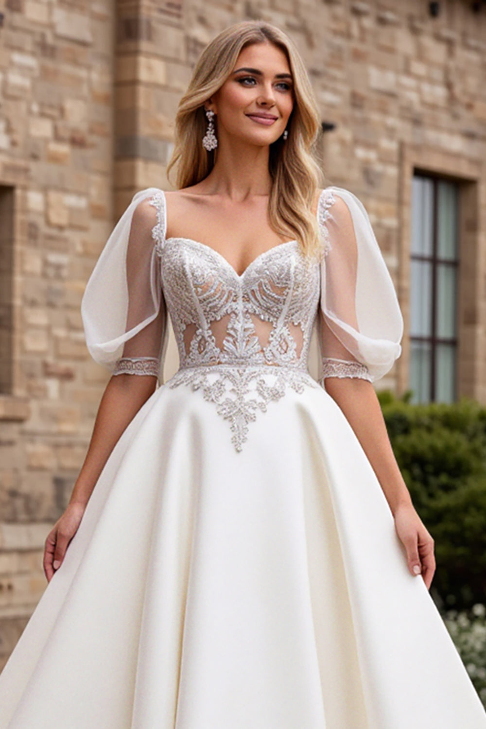 Ivory Satin A Line Long Sweetheart Wedding Dress with Puff Sleeves