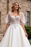 Ivory Satin A Line Long Sweetheart Wedding Dress with Puff Sleeves