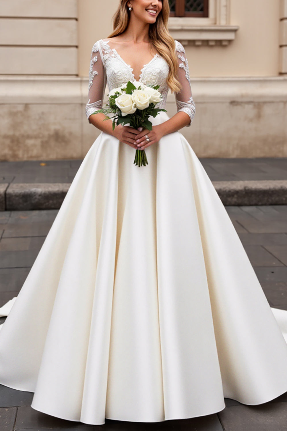 Ivory A Line Satin V-Neck Long Sleeves Wedding Dress with Lace