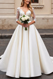 Ivory A Line Satin V-Neck Long Sleeves Wedding Dress with Lace