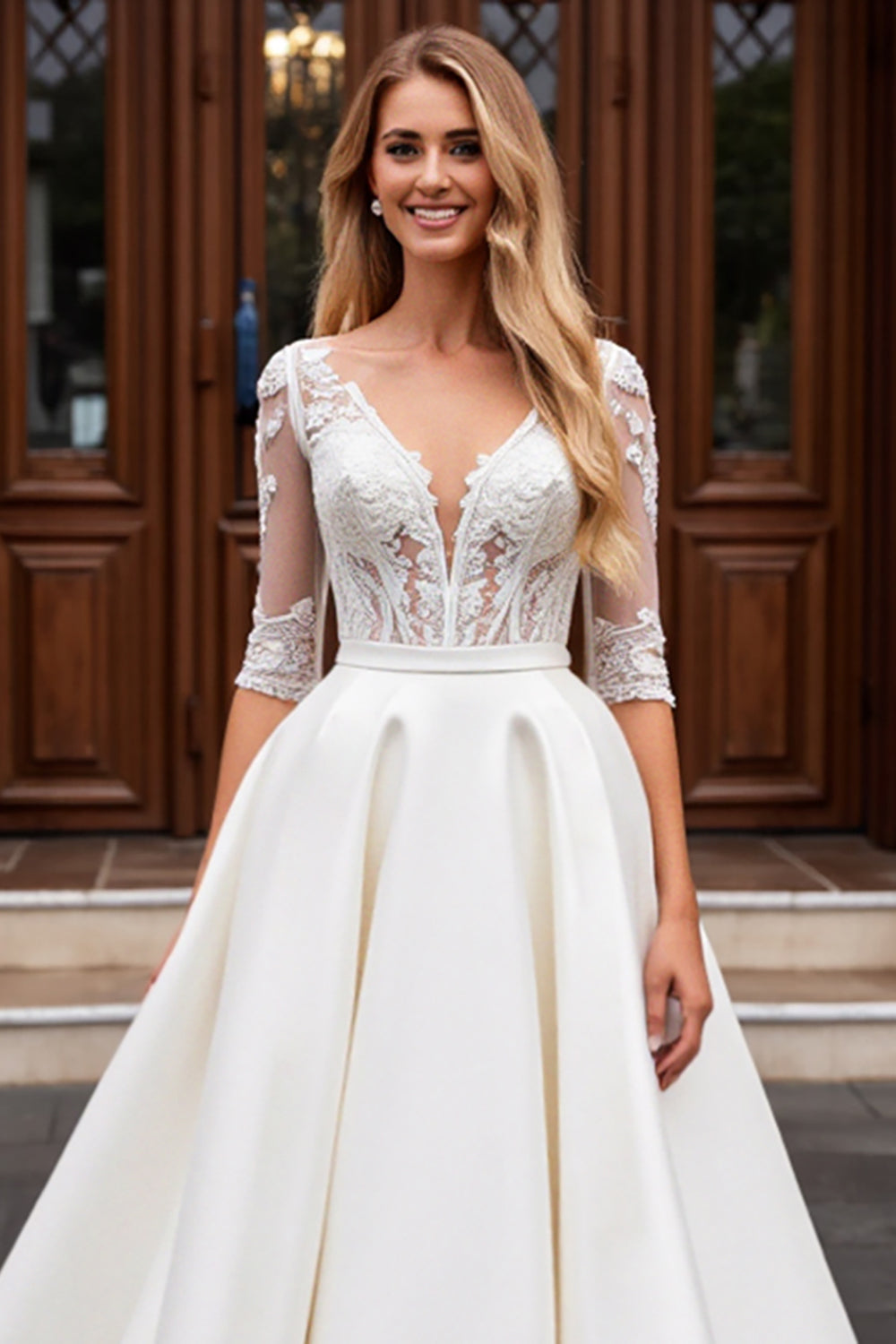 Ivory A Line Satin V-Neck Long Sleeves Wedding Dress with Lace