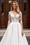 Ivory A Line Satin V-Neck Long Sleeves Wedding Dress with Lace