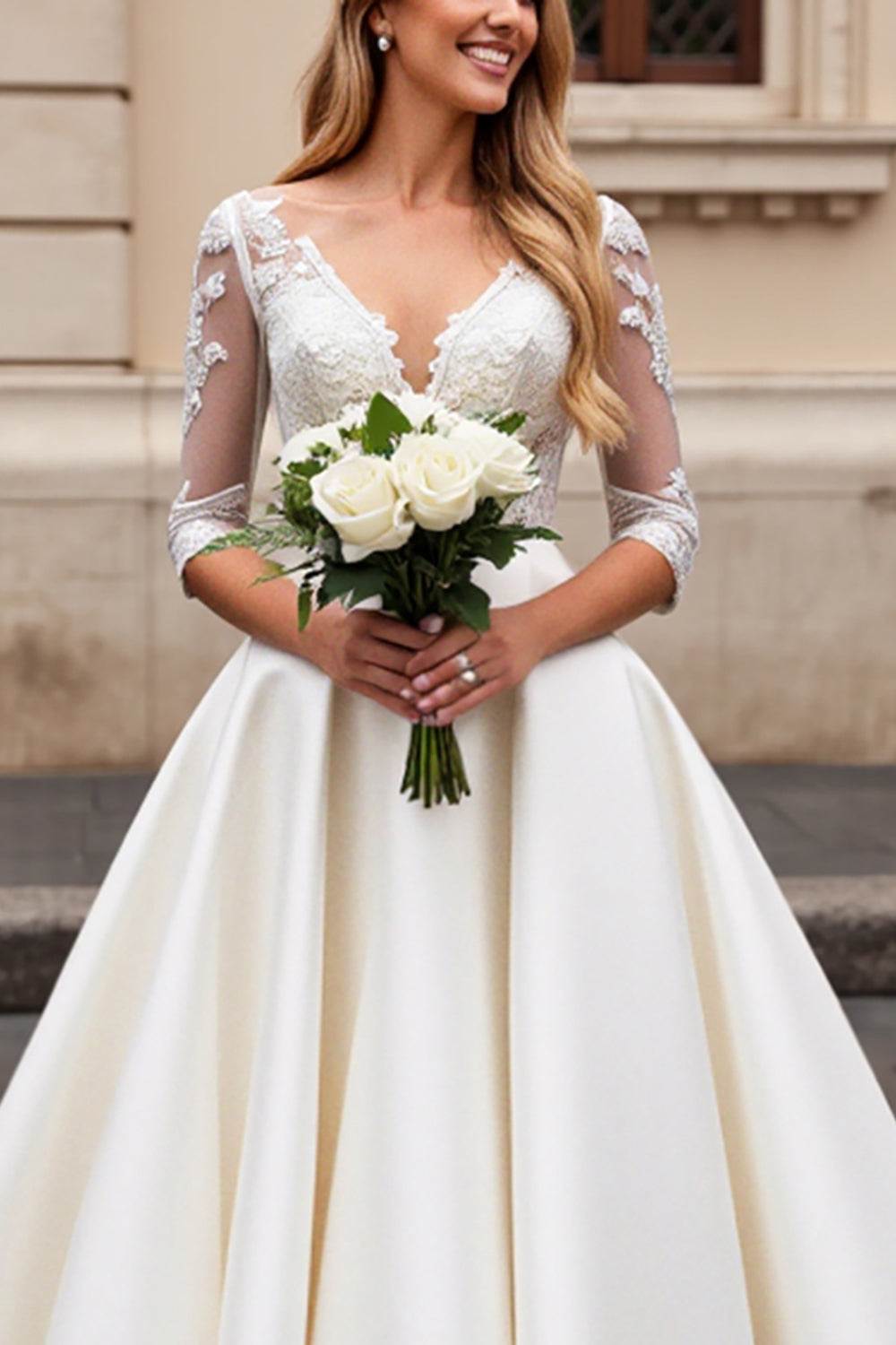 Ivory A Line Satin V-Neck Long Sleeves Wedding Dress with Lace