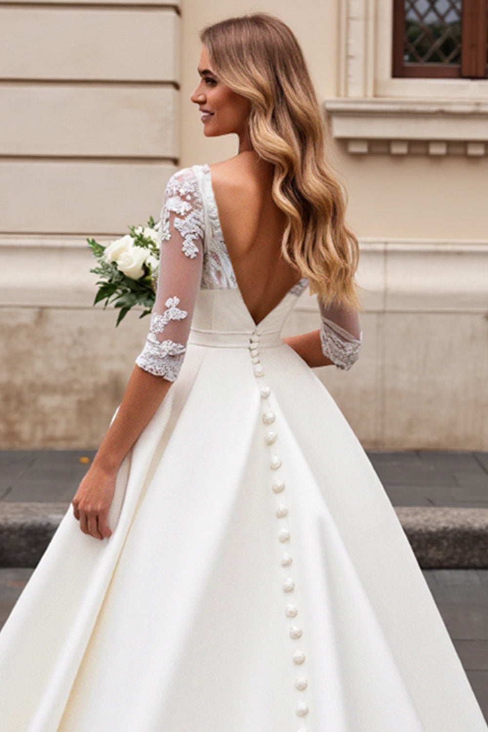 Ivory A Line Satin V-Neck Long Sleeves Wedding Dress with Lace