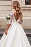 Ivory A Line Satin V-Neck Long Sleeves Wedding Dress with Lace