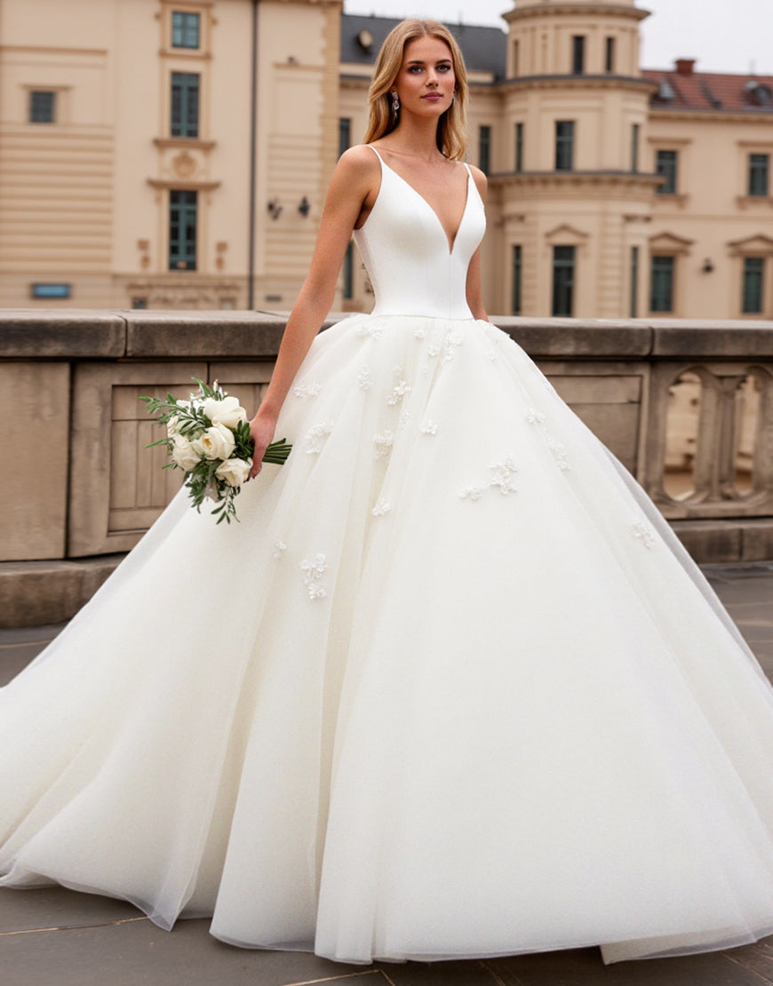 Ball Gown Ivory Organza Sweep Train V Neck Wedding Dress