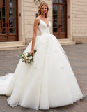 Ball Gown Ivory Organza Sweep Train V Neck Wedding Dress