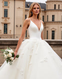 Ball Gown Ivory Organza Sweep Train V Neck Wedding Dress