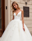 Ball Gown Ivory Organza Sweep Train V Neck Wedding Dress