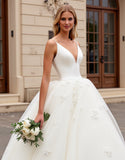 Ball Gown Ivory Organza Sweep Train V Neck Wedding Dress