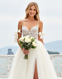 Ivory Organza Bow Ball Gown Sweep Train Wedding Dress with Slit