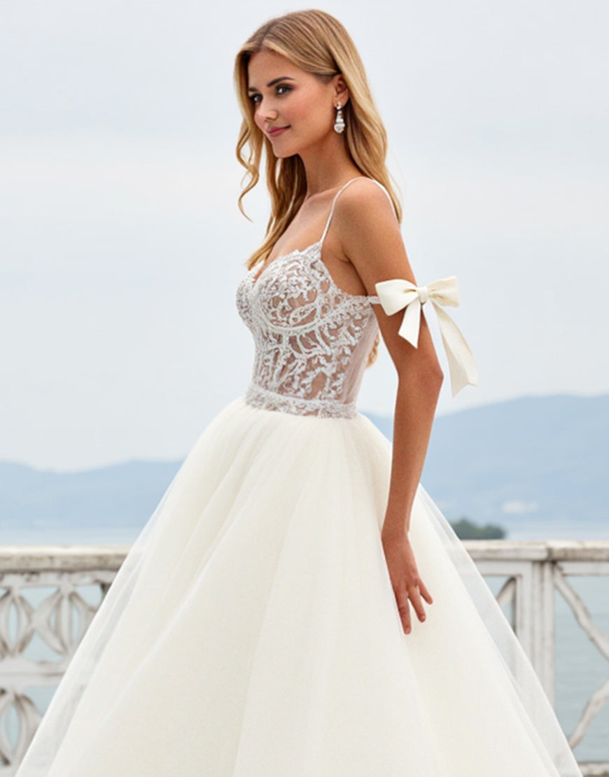 Ivory Organza Bow Ball Gown Sweep Train Wedding Dress with Slit