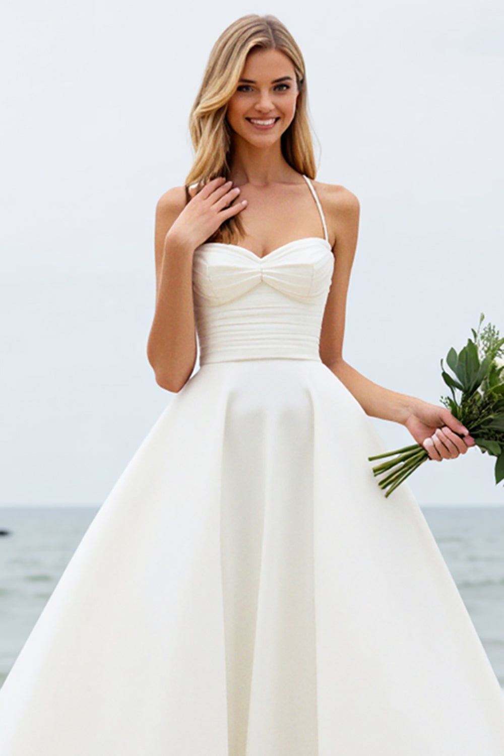 Simple Ivory A Line Spaghetti Straps Ball Gown Wedding Dress