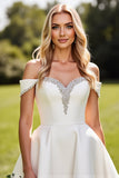 Ivory Satin Sweep Train Off the Shoulder Long Wedding Dress
