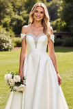 Ivory Satin Sweep Train Off the Shoulder Long Wedding Dress