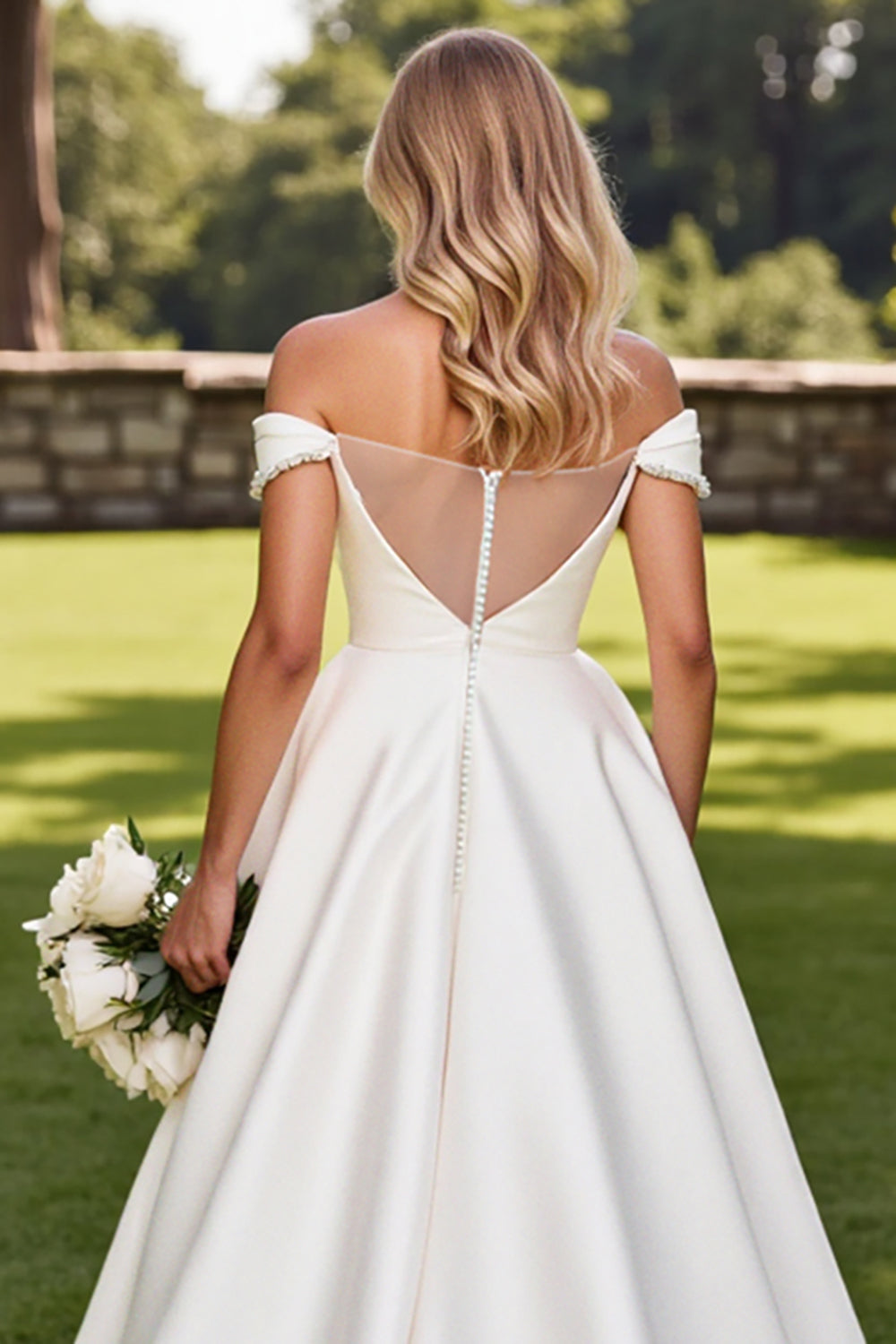 Ivory Satin Sweep Train Off the Shoulder Long Wedding Dress