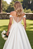 Ivory Satin Sweep Train Off the Shoulder Long Wedding Dress