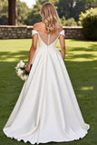 Ivory Satin Sweep Train Off the Shoulder Long Wedding Dress
