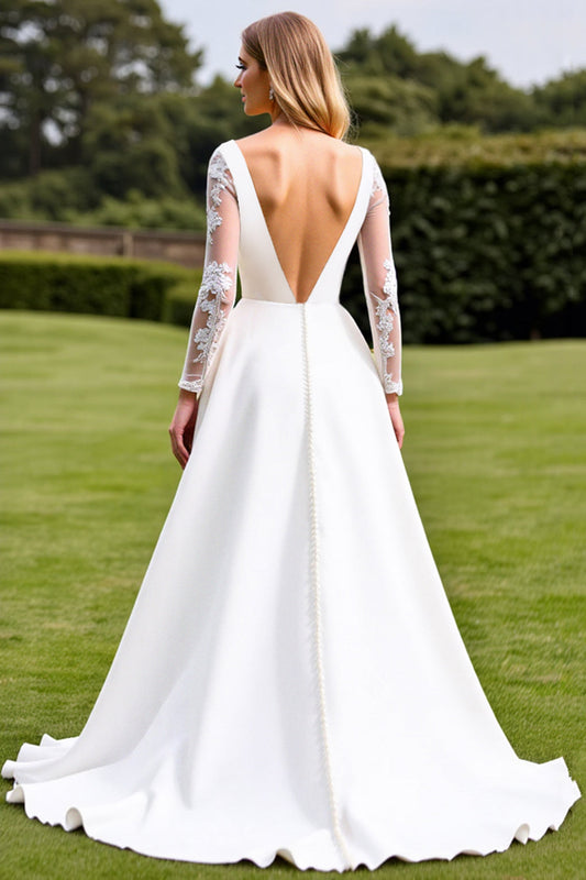 White Sweep Train Lace A Line Satin Wedding Dress
