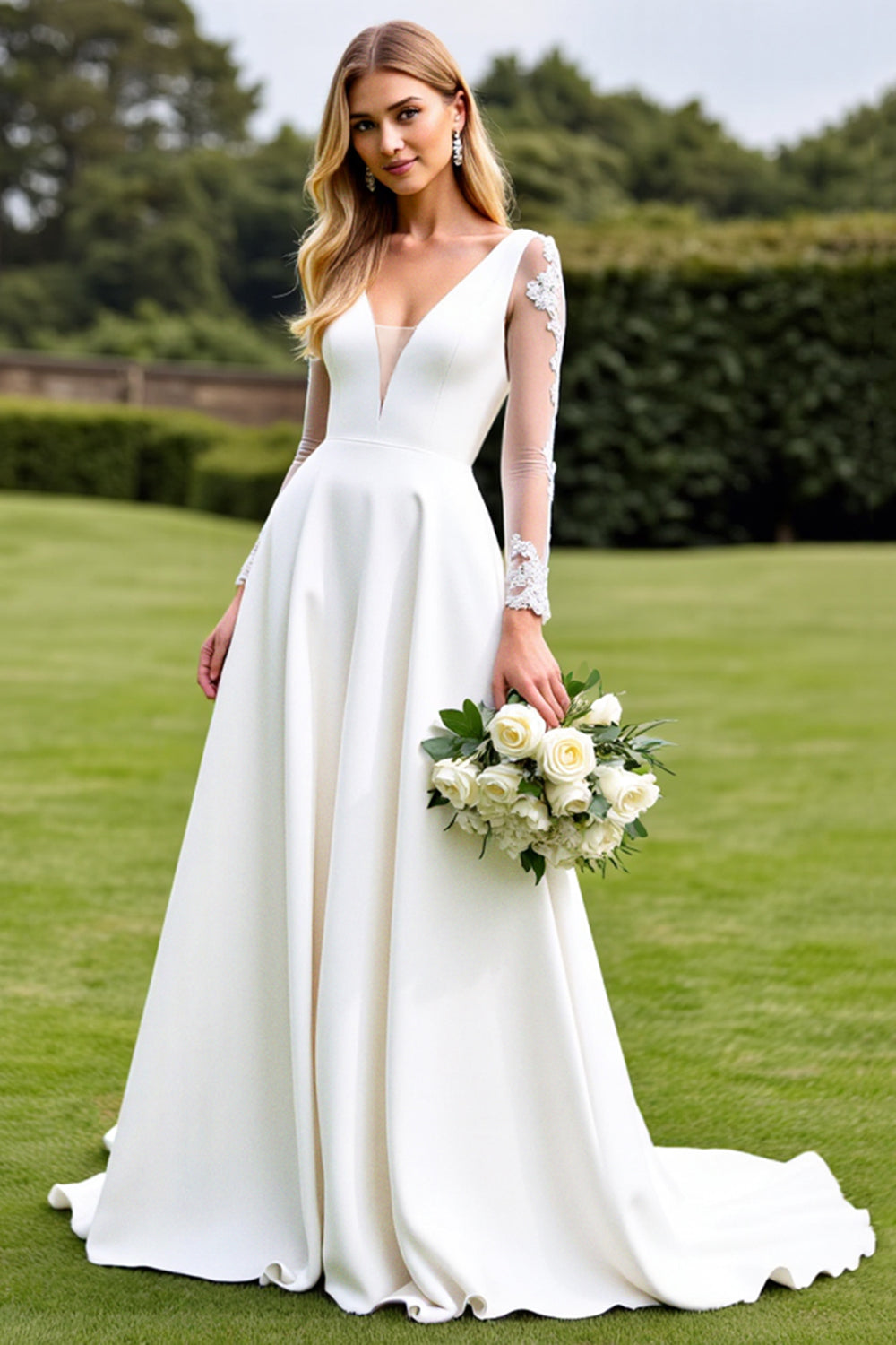 White Sweep Train Lace A Line Satin Wedding Dress
