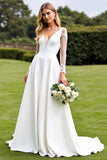 White Sweep Train Lace A Line Satin Wedding Dress