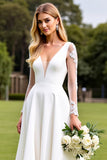 White Sweep Train Lace A Line Satin Wedding Dress