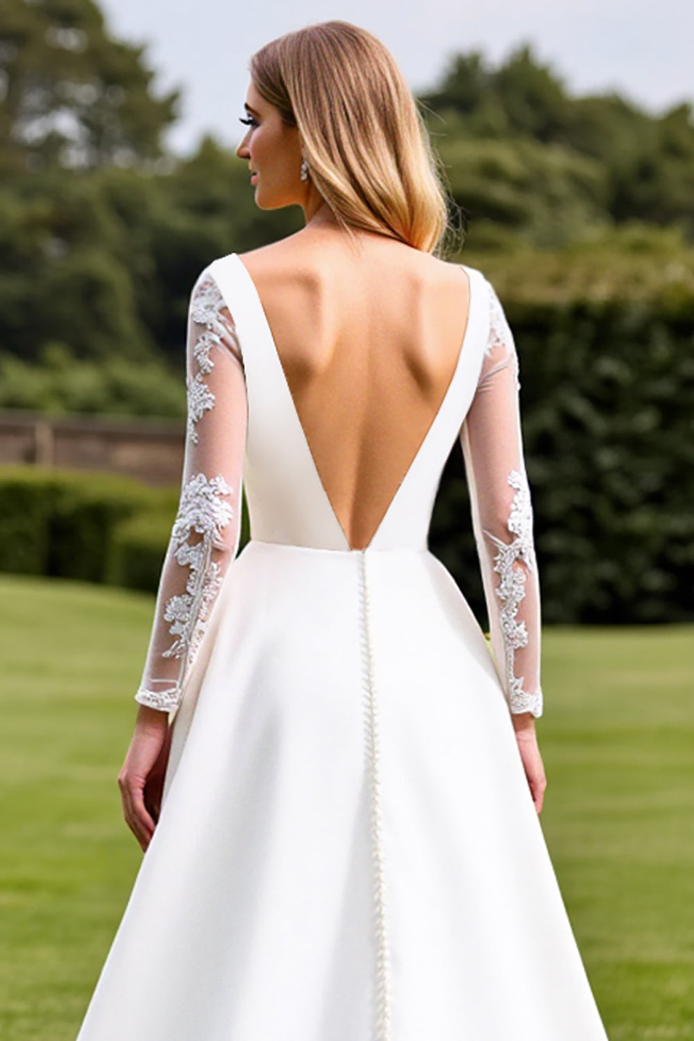 White Sweep Train Lace A Line Satin Wedding Dress