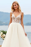 Ivory Organza V Neck Ball Gown Sweep Train Wedding Dress with Bow