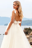 Ivory Organza V Neck Ball Gown Sweep Train Wedding Dress with Bow