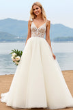 Ivory Organza V Neck Ball Gown Sweep Train Wedding Dress with Bow