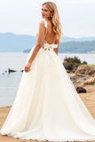 Ivory Organza V Neck Ball Gown Sweep Train Wedding Dress with Bow