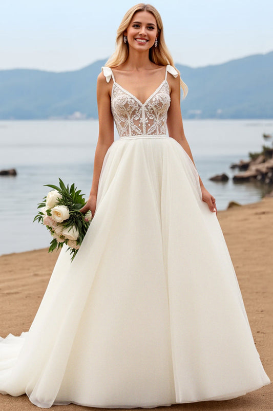 Ivory Organza V Neck Ball Gown Sweep Train Wedding Dress with Bow