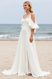 White Chiffon Cold Shoulder Sweep Train Wedding Dress with Slit