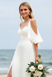 White Chiffon Cold Shoulder Sweep Train Wedding Dress with Slit