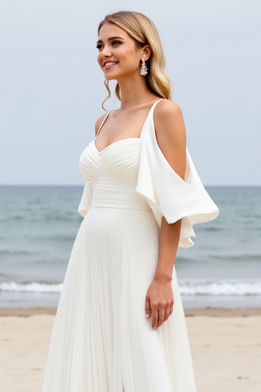 White Chiffon Cold Shoulder Sweep Train Wedding Dress with Slit