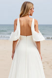White Chiffon Cold Shoulder Sweep Train Wedding Dress with Slit