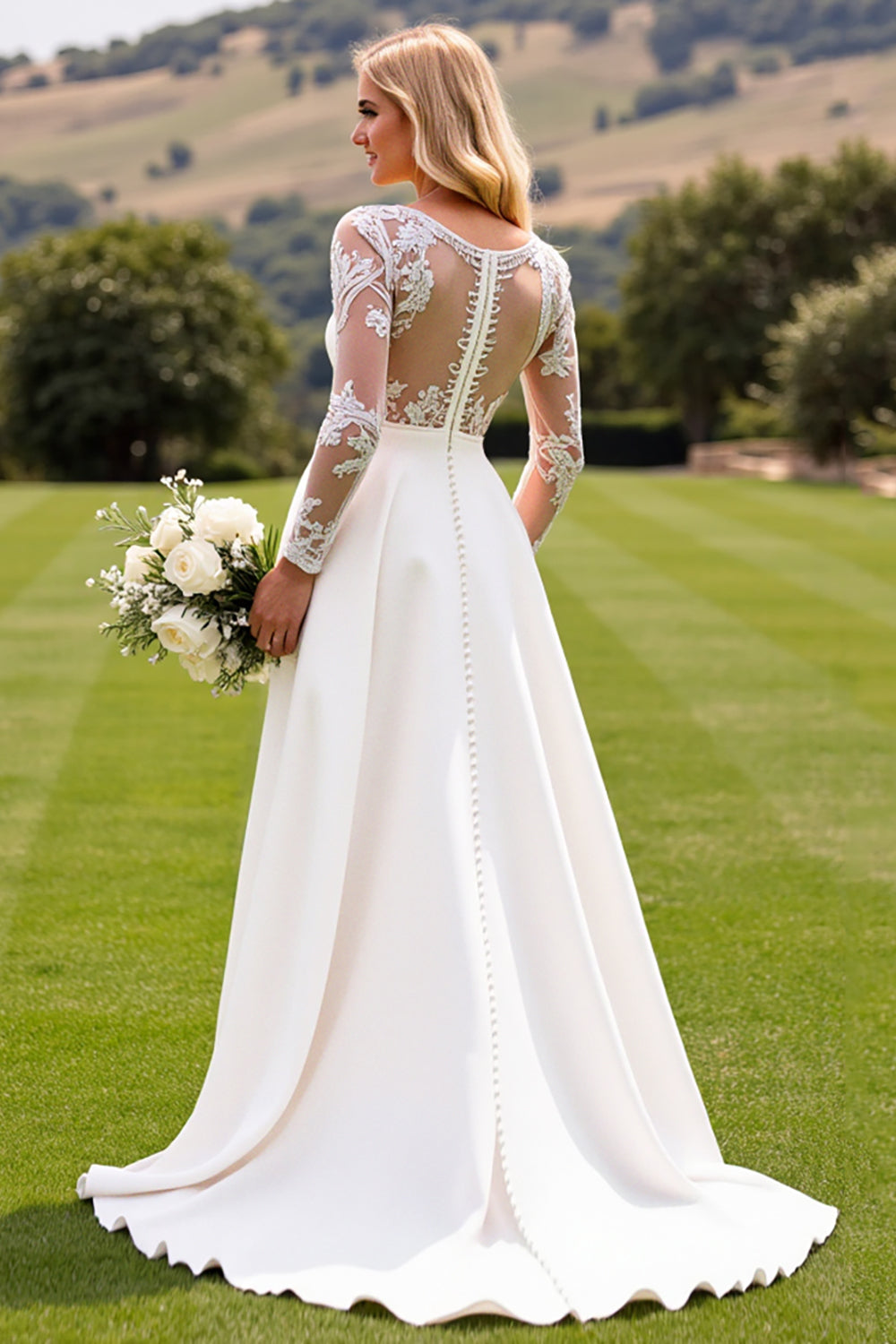 Ivory Satin Deep V-Neck Sweep Train Wedding Jumpsuits with Lace
