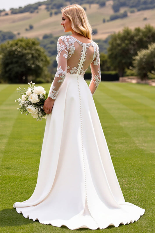 Ivory Satin Deep V-Neck Sweep Train Wedding Jumpsuits with Lace
