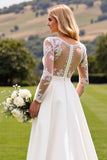 Ivory Satin Deep V-Neck Sweep Train Wedding Jumpsuits with Lace