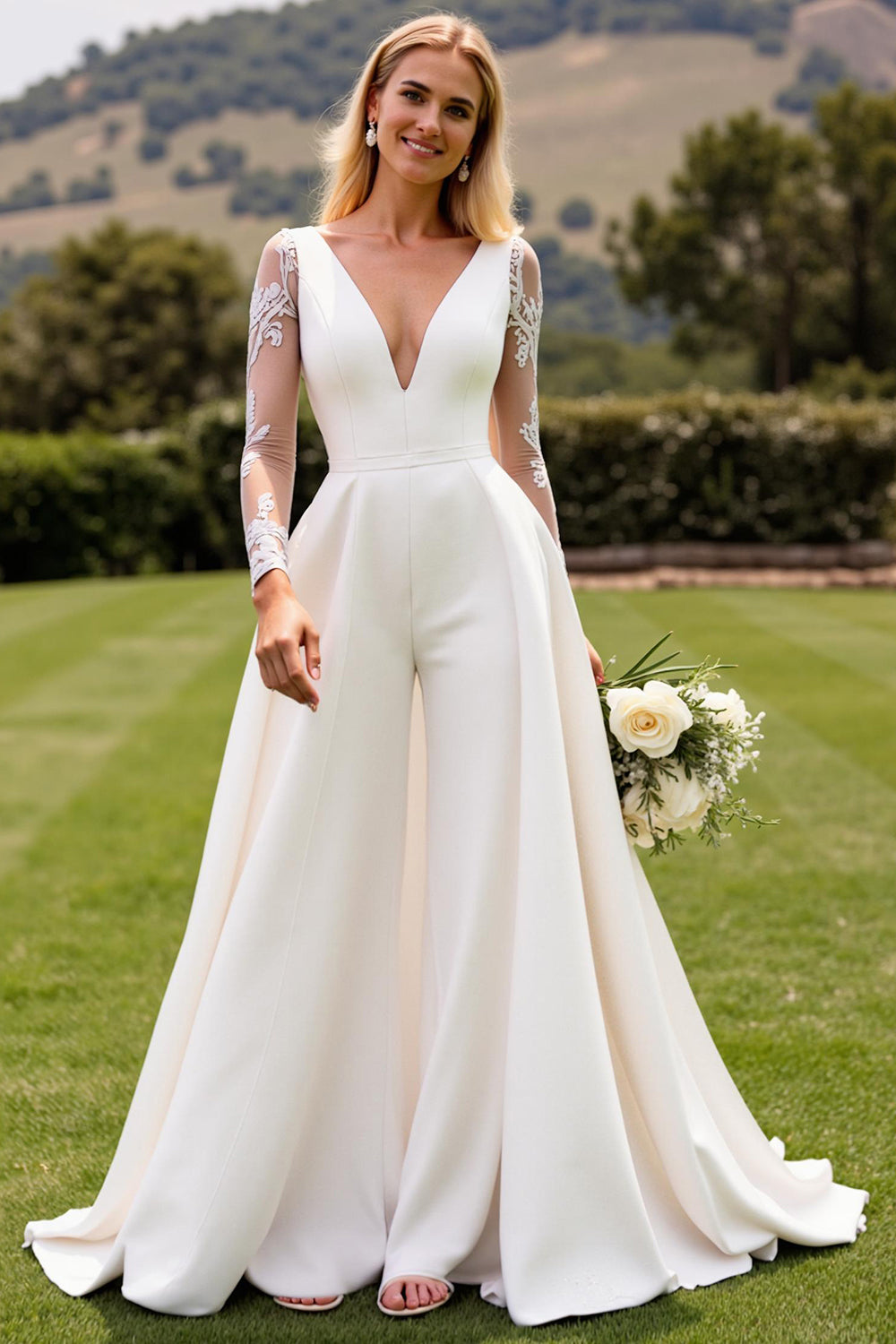ZAPAKA Women Ivory Satin Sweep Train Wedding Jumpsuits with Lace Illusion Back V Neck Bridal Jumpsuits, Ivory / custom