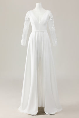 Ivory Deep V-Neck Sweep Train Satin Wedding Jumpsuits with Lace