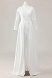 Ivory Deep V-Neck Sweep Train Satin Wedding Jumpsuits with Lace