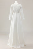 Ivory Deep V-Neck Sweep Train Satin Wedding Jumpsuits with Lace