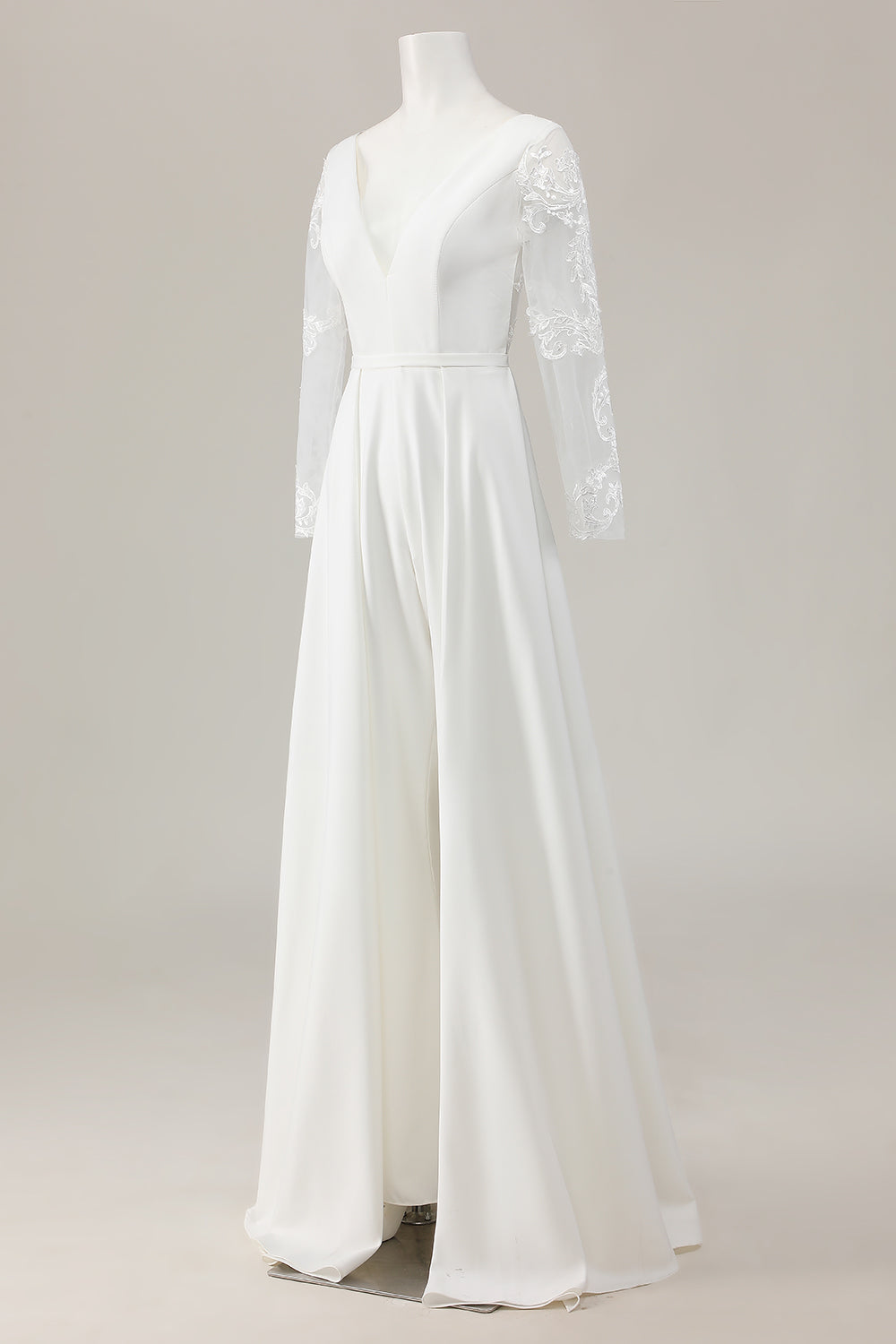 Ivory Deep V-Neck Sweep Train Satin Wedding Jumpsuits with Lace