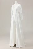 Ivory Deep V-Neck Sweep Train Satin Wedding Jumpsuits with Lace
