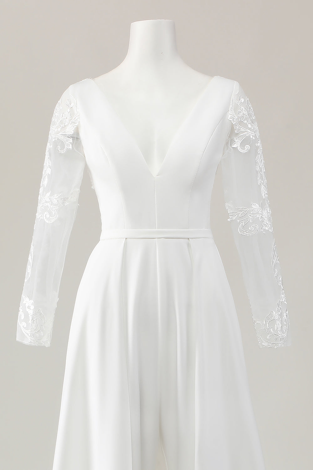 Ivory Deep V-Neck Sweep Train Satin Wedding Jumpsuits with Lace
