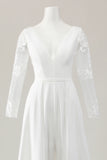 Ivory Deep V-Neck Sweep Train Satin Wedding Jumpsuits with Lace